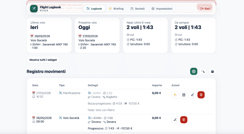 Dashboard e Registro Voli
